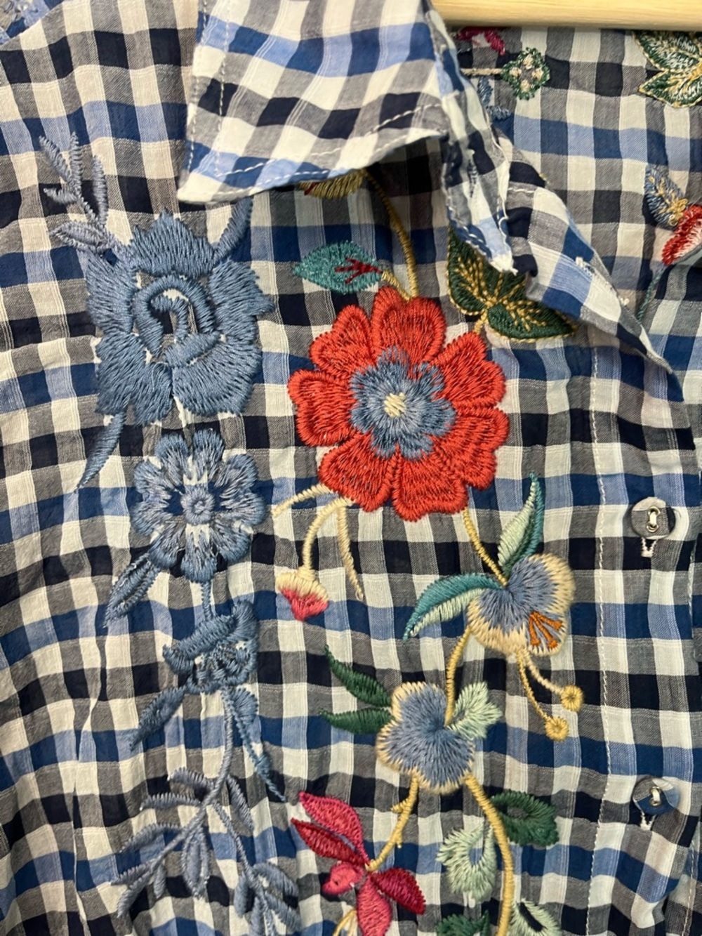 Johnny Was Blue Gingham Embroidered Peasant Tunic - Picture 5 of 12